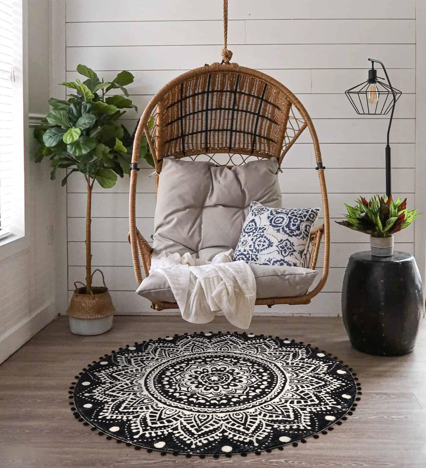 Uphome Boho Round Rug for Living Room 4' Circular Black Mandala Area Rug with Pom Poms Fringe Washable Cute Bohemian Accent Throw Rugs Non-Slip Soft Floor Mat for Bedroom Sofa Kids Room Nursery
