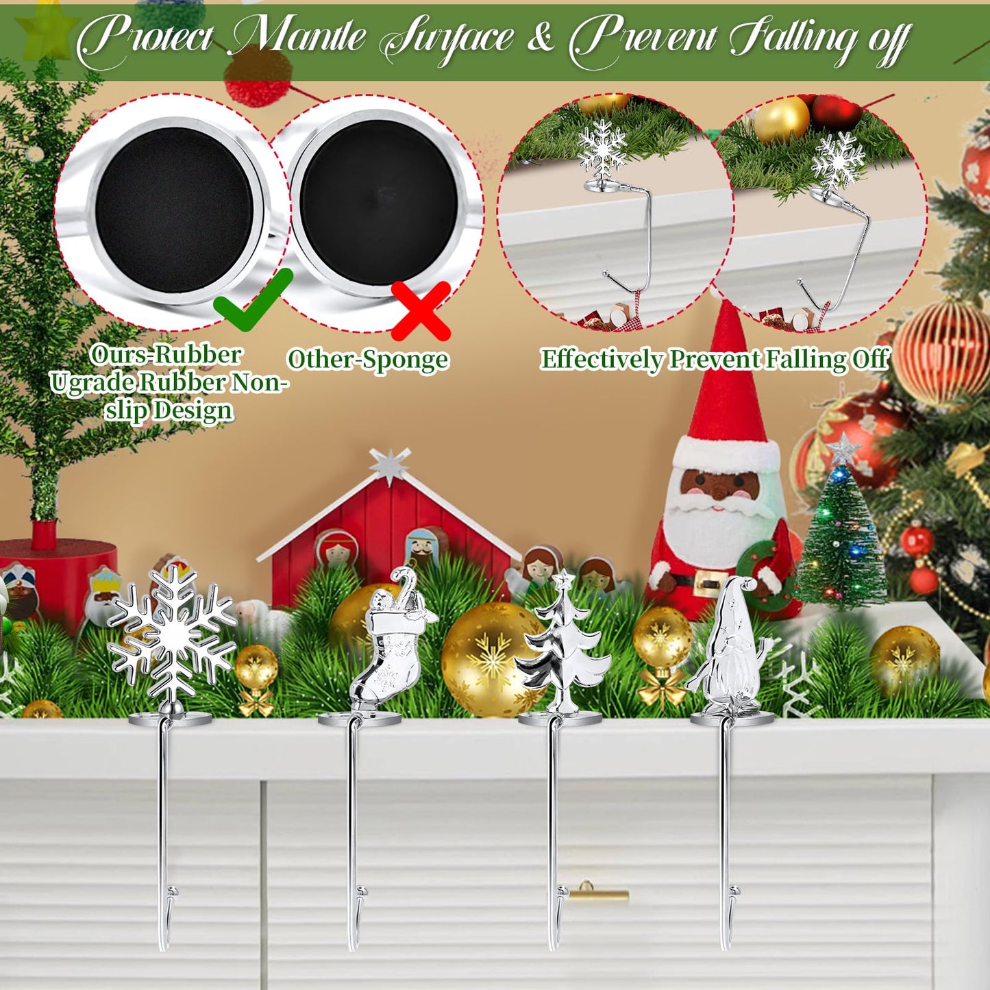 Christmas Stocking Holders for Mantel Set of 8, Non-Slip Adjustable Mantle Stocking Holders, Snowflake Snowman Reindeer Angel Bell Fireplace Stocking Hangers Set for Party Christmas Decorations