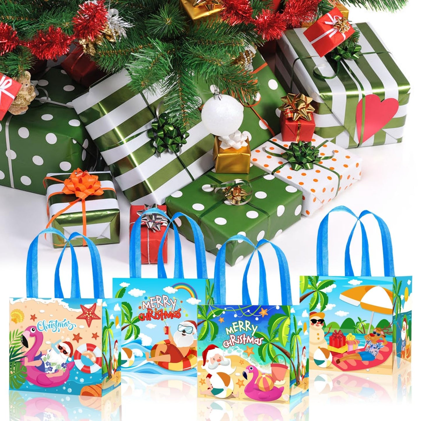KYMY 6PCS Summer Christmas Party Favor Bags, Tropical Hawaiian Non-Woven Gift Totes with Handles, Beach Treat Bags with Santa & Flamingo for July Xmas Luau Holiday Party Decorations