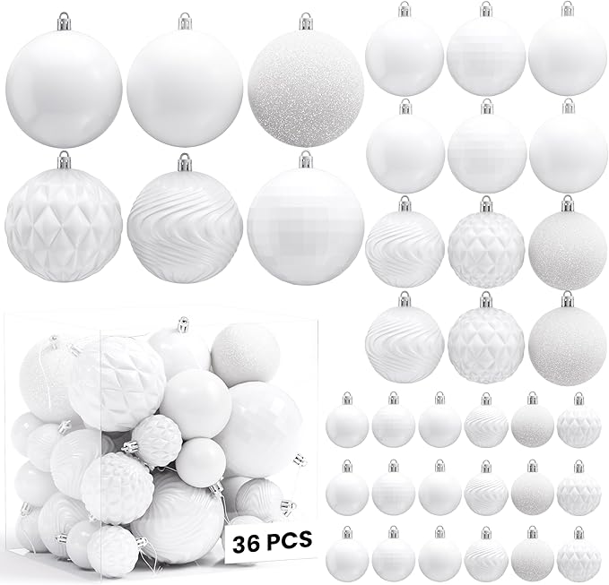 Annecy Christmas Tree Ornaments - 36 PCS Shatterproof Christmas Ball Ornaments Set for Holiday, Wreath & Party Decorations (Multi-Size, White)