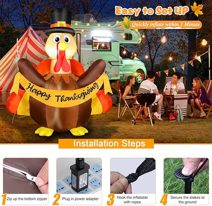 6FT Thanksgiving Inflatables Turkey Outdoor Decorations, Blow Up Turkey with Colorful Tail & Pilgrim Hat Built-in LED Lights for Family Lawn Yard Garden Fall Party House Harvest Holiday Decor
