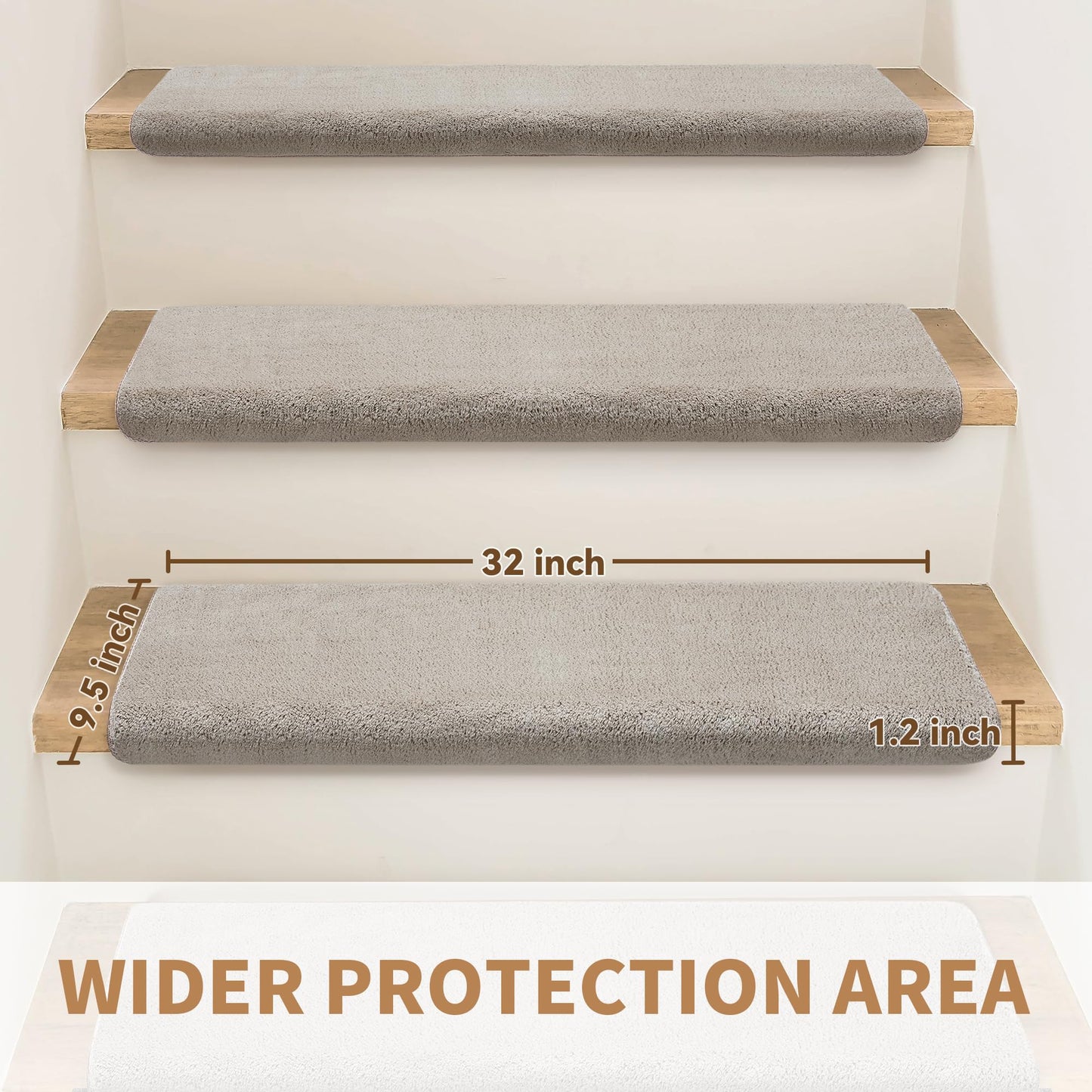 NEKL Bullnose Stair Treads Non Slip 9.5" x 32", 14 Pcs Ultra Plush Carpet Stair Treads for Wooden Steps Indoor with Edge Protection, Reusable Peel and Stick TPU Backing Stair Runner Rugs - Beige Gray