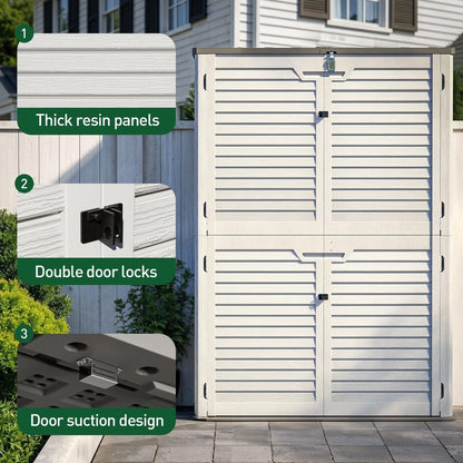 WillowLume 65 Cu.Ft Outdoor Storage Shed, Lockable Outdoor Vertical Resin Storage Cabinet with Floor, All-Weather Waterproof Shed for Garden, Backyard, Pool (65 cu ft - 2 Shelves)