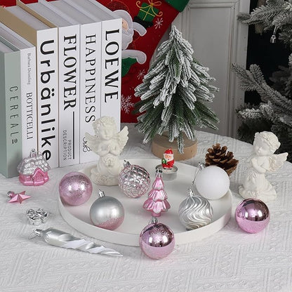 124Ct Pink White and Silver Christmas Ornaments Set,Shatterproof Assorted Christmas Decorations for Xmas Tree Snowflake Icicle House Ball Ornaments Baubles for Holiday Party(Pink White Silver)