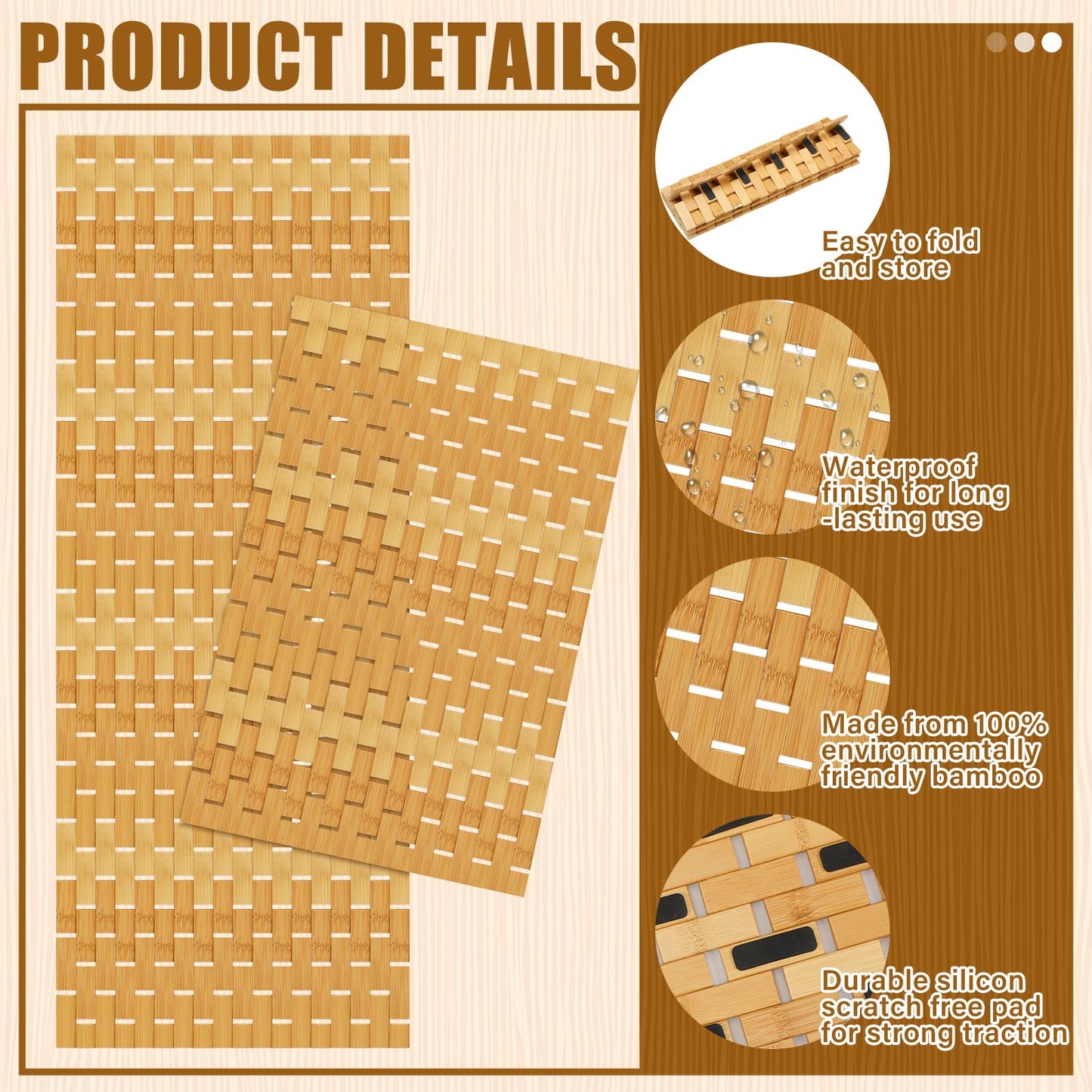 Barydat 2 Pcs Bathroom Bamboo Bath Mat Set Long Large Bathtub Non Slip Bamboo Shower Mat Floor Wooden Rug Waterproof Bathmat for Bathroom Accessory Spa Kitchen Outdoor, 16 x 48 Inch and 16 x 24 Inch