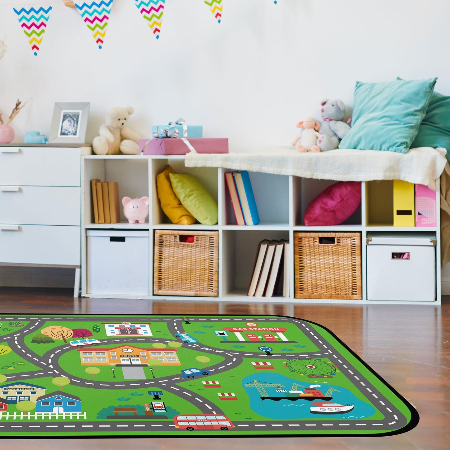 Kids Play Mat Rug, 36"x24" Low Pile City Road Traffic Carpet, Educational Toddler Playmat with Farm & Vehicle Scene, Non-Slip Washable Floor Rug for Playroom Bedroom Nursery, Ideal Gift for Boys Girls