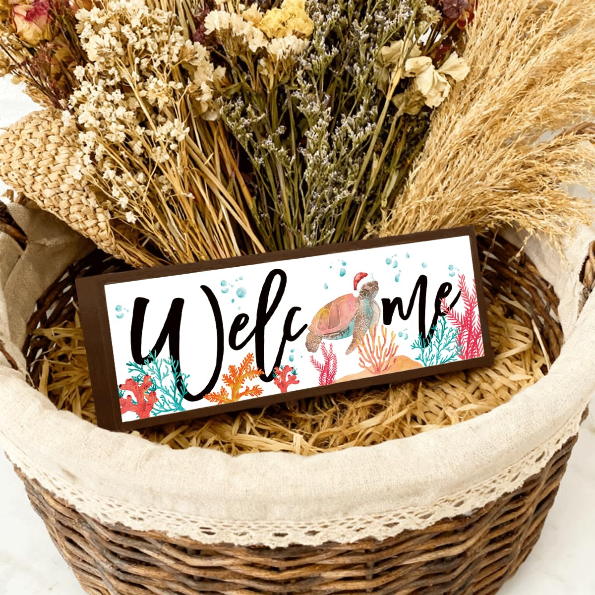 Welcome Wood Home Decor Signs, Welcome Christmas Turtle And Coral Wood Plaque, Christmas Sign, Farmhouse Coastal Beach Ocean Themed Front Porch Door Decor 9.5x3.1 Inches(A53)