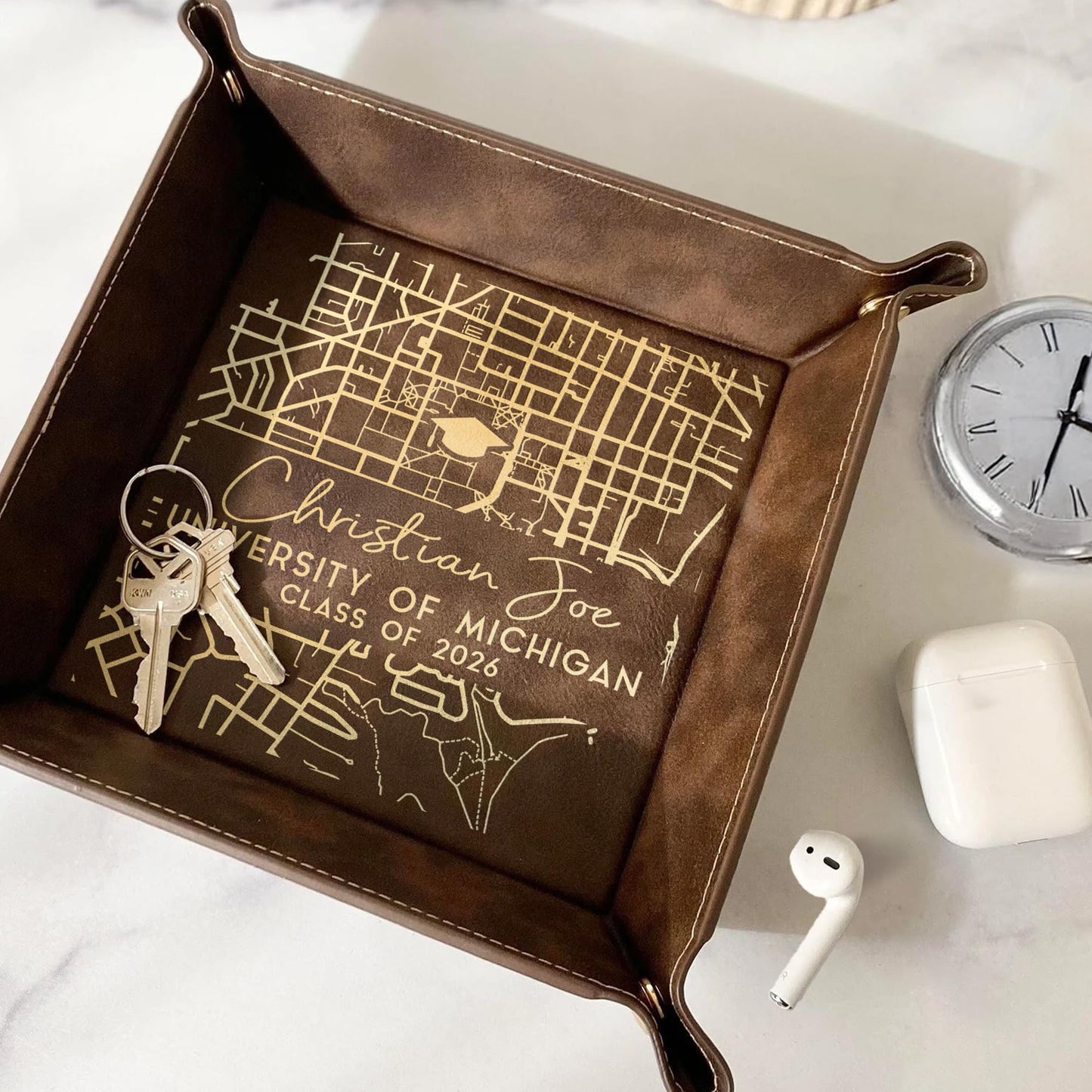 LUCY ENGRAVING Custom Campus Map Graduation Leather Tray, College Grad Leather Nightstand Organizer - Class of 2026, College Graduation Gifts for Graduates, Personalized Valet Tray for Men