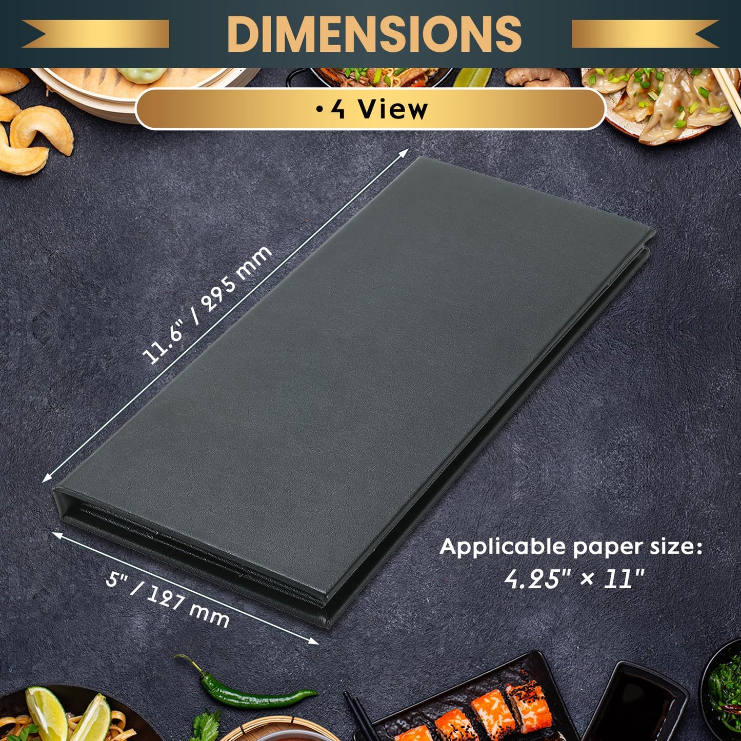 AMGSH 10 Pack 4 View Menu Holder Menu Covers 4.25" x 11" | 10 Pack Black Leather Menu Sleeves Book Style for Restaurant Coffee Bars Wine List (4 View, 10 Pack)