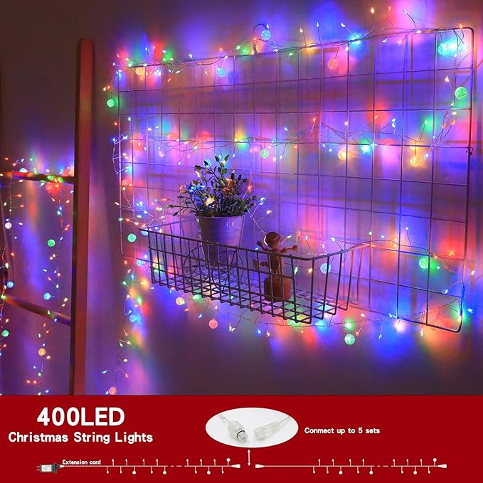 Copper Wire Firecracker Christmas Lights, 26FT 400LED Plug-in Twinkle Cluster Fairy Lights for Christmas Tree with Remote for Bedroom Dorm Wreath DIY Wedding Christmas Decoration