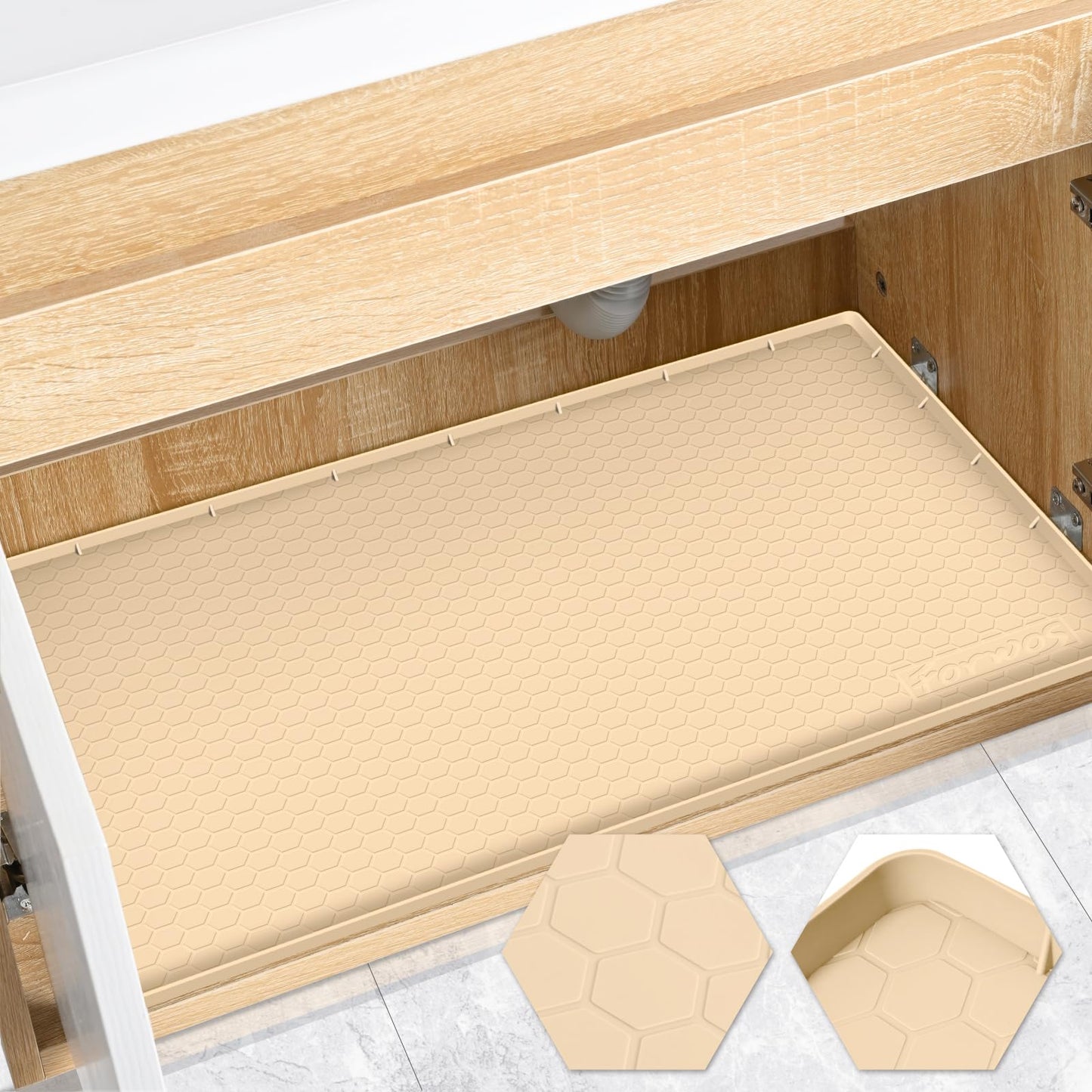FORWOS Waterproof Under Sink Mat 28" x 19", Silicone Cabinet Liner, Rubber Protector for Kitchen and Bathroom, Keeps Cabinets Clean, Dry, and Organized (Beige)
