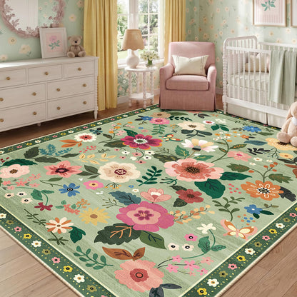 RELEANY Floral 5x7 Area Rugs Washable Print Boho Cute Carpet Non Slip Flower Low Pile for Living Room Bedroom Kitchen Office Farmhouse-Light Green