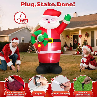 MICOCAH 8 FT Huge Christmas Inflatables Santa Claus Holding Garland Outdoor Decorations, Build in LEDs & Tethers Stakes Giant Inflatable Santa Blow Up Yard Décor for Holiday Xmas Indoor Patio Lawn