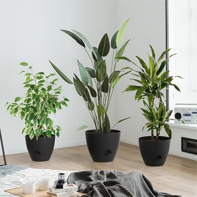 ZMTECH 9/10/12 Inch Self Watering Plant Pots with Watering Lip, Planters with Drainage Holes and Removable Saucer, Plastic Flower Pots for Indoor Outdoor Plants (3 Pack, Pure Black)