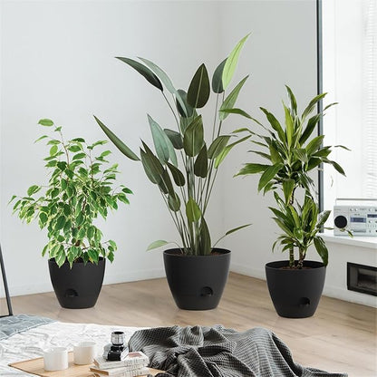 ZMTECH 9/10/12 Inch Self Watering Plant Pots with Watering Lip, Planters with Drainage Holes and Removable Saucer, Plastic Flower Pots for Indoor Outdoor Plants (3 Pack, Pure Black)