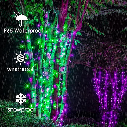 OZS Purple and Green Solar Halloween Lights Outdoor, 2 Pack 240LED 95FT Solar String Lights Waterproof with 8 Modes & Auto On/Off for Tree Party Halloween Decorations