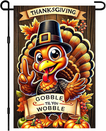 Thanksgiving Turkey Garden Flag 12x18 Inch Welcome Gobble Til You Wobble Outdoor Flag Double Sided Fall Autumn Yard Banner with Cartoon Pilgrim Turkey and Pumpkins for Porch Lawn Patio