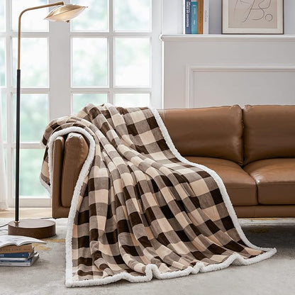 Touchat Sherpa Buffalo Plaid Christmas Twin Blanket 60" X 70", Fuzzy Fluffy Soft Cozy Throw Blanket, Fleece Flannel Plush Microfiber Blanket for Couch Bed Sofa(Brown)