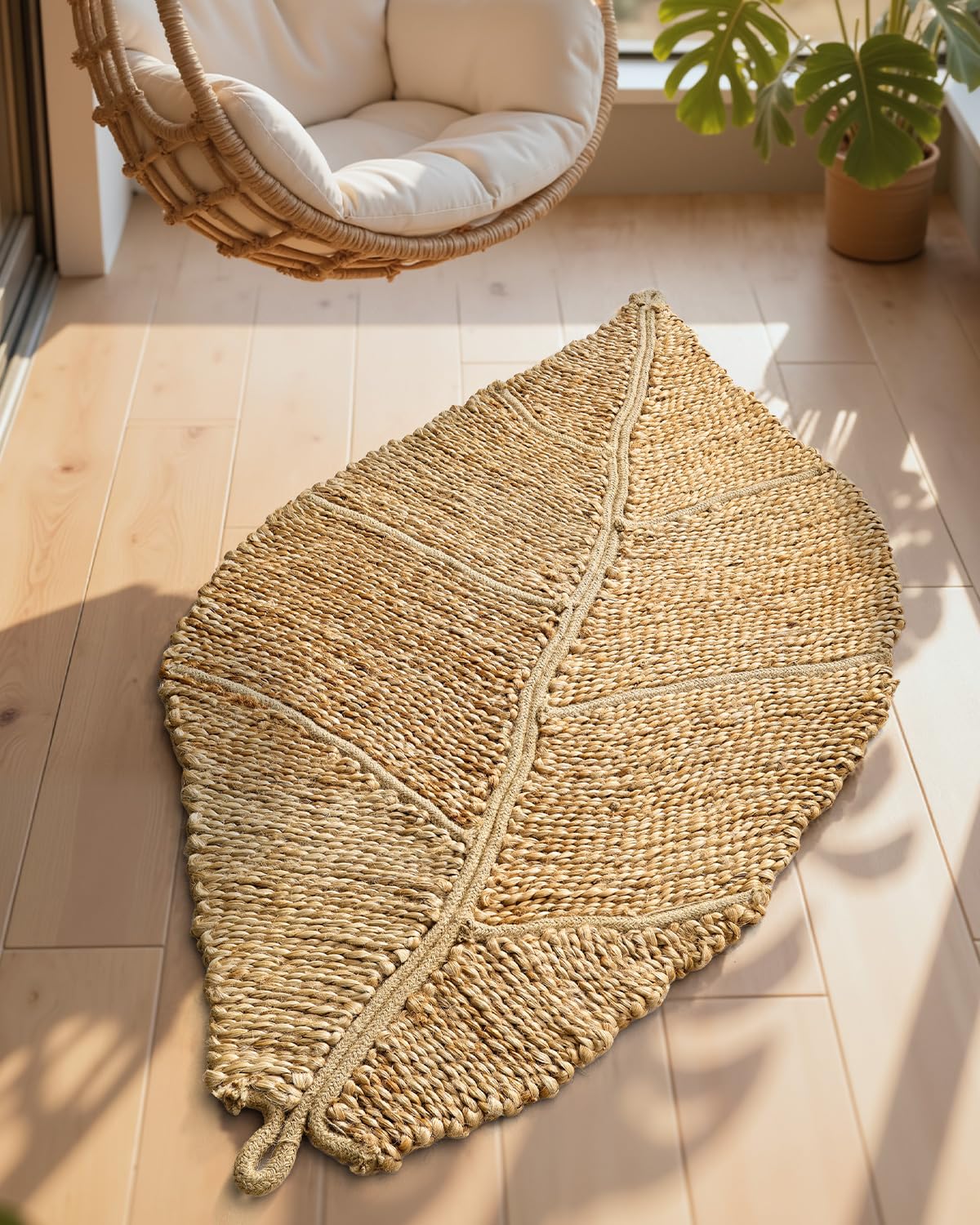 DEXI Jute Door Mat Inside Entryway Braided Woven, 32x20 Front Entrance Doormat Inside Leaf Shaped, Welcome Natural Fiber Entry Mats Farmhouse Home Decor, Beige