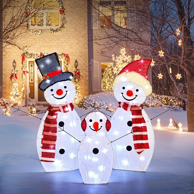 BRIGHTDECK Light Up Snowman Christmas Decorations Outdoor, 54 LEDs Set of 3 Lawn Ornament, Outdoor Lighted Holiday Displays for Christmas Yard Decorations (Snowman)