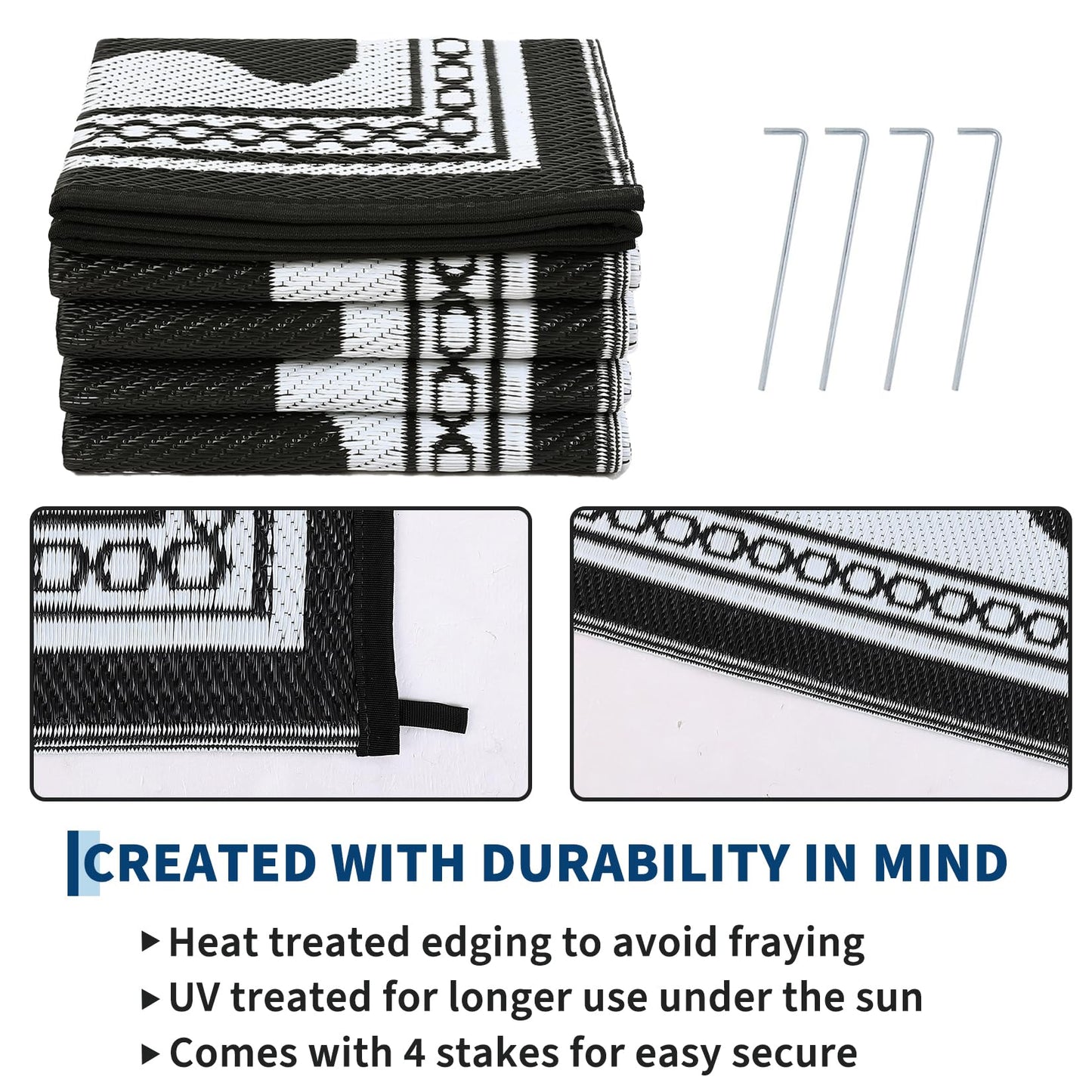 GarveeHome Outdoor Rug 8x10 Patio Waterproof, Reversible Plastic Straw Rugs for Camping, Picnic, Balcony, Porch, RV, Easy-Clean & Quick Dry Scalloped Pattern Large Indoor Outdoor Carpet, Black