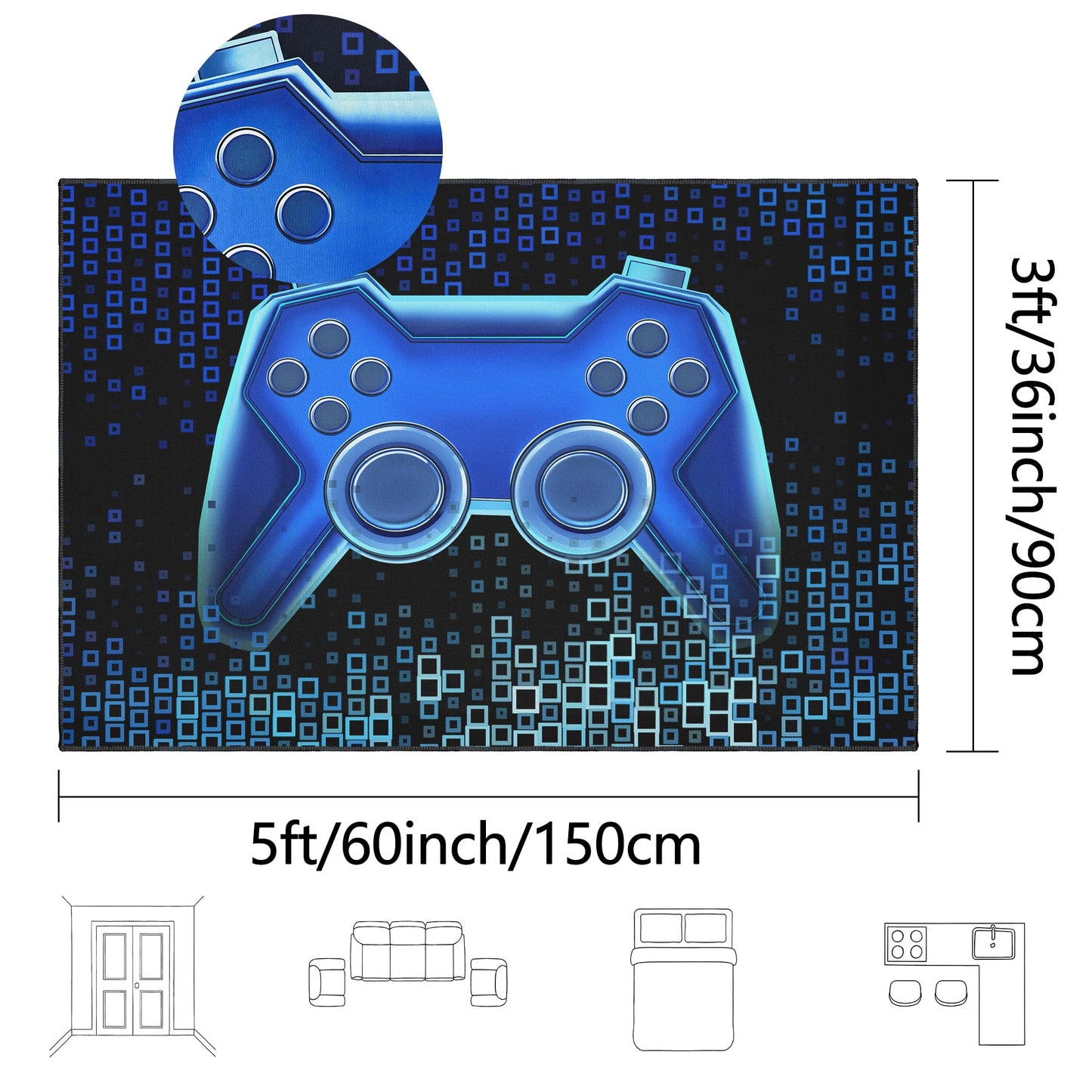 Vesocro Gamer Rug for Room,3x5 ft Non-Slip Cool Gaming Carpet for Bedroom Livingroom and Game Room Rug Decor