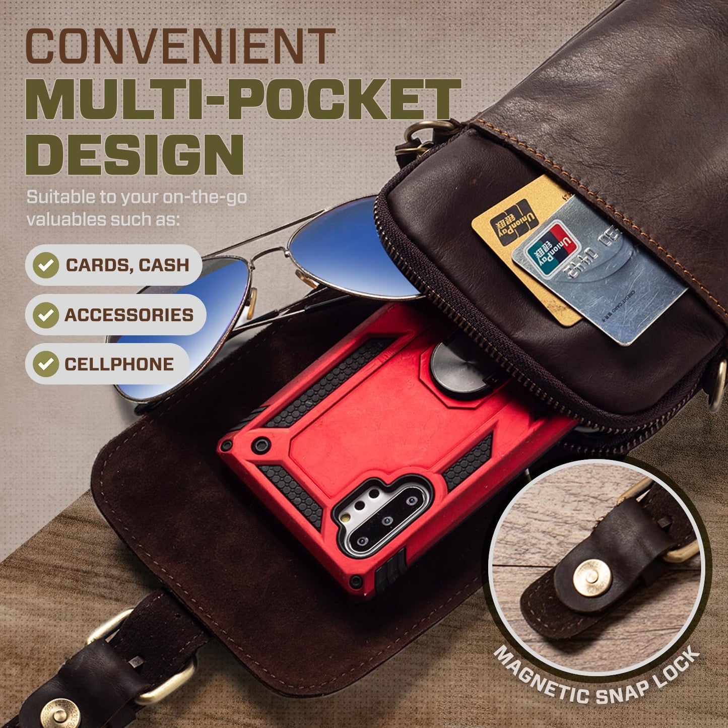 Hengwin Leather Crossbody Phone Purse for Men, Belt Pouch with Multi Pockets, Fits for 6.7" Smartphones, Small Messenger Bag Cell Phone Belt Holster Waist Bag for Travel, Hiking, Daily Use (Coffee)