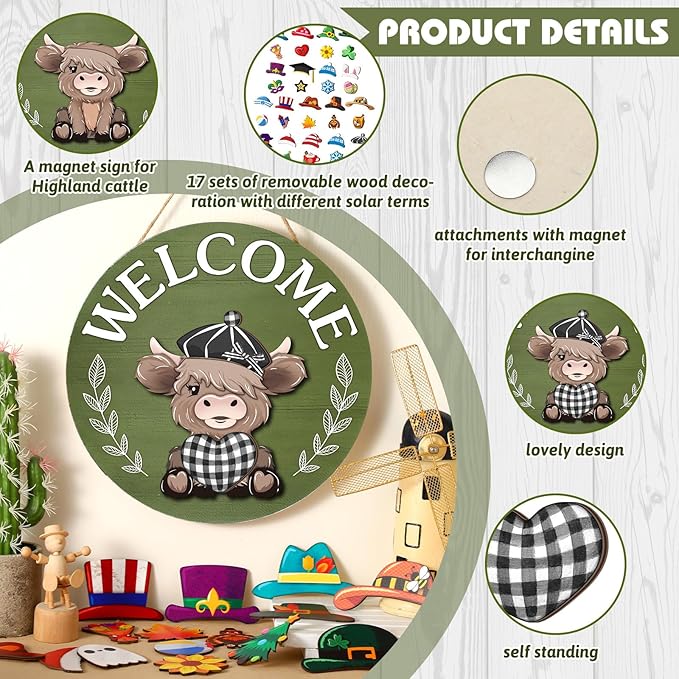 35 Pcs Christmas Interchangeable Highland Cow Welcome Sign Highland Cow Seasonal Wooden Hanging Door Decor Thanksgiving Farmhouse Hanging Sign for Front Door Xmas Party Decoration Gift(Grass Green)