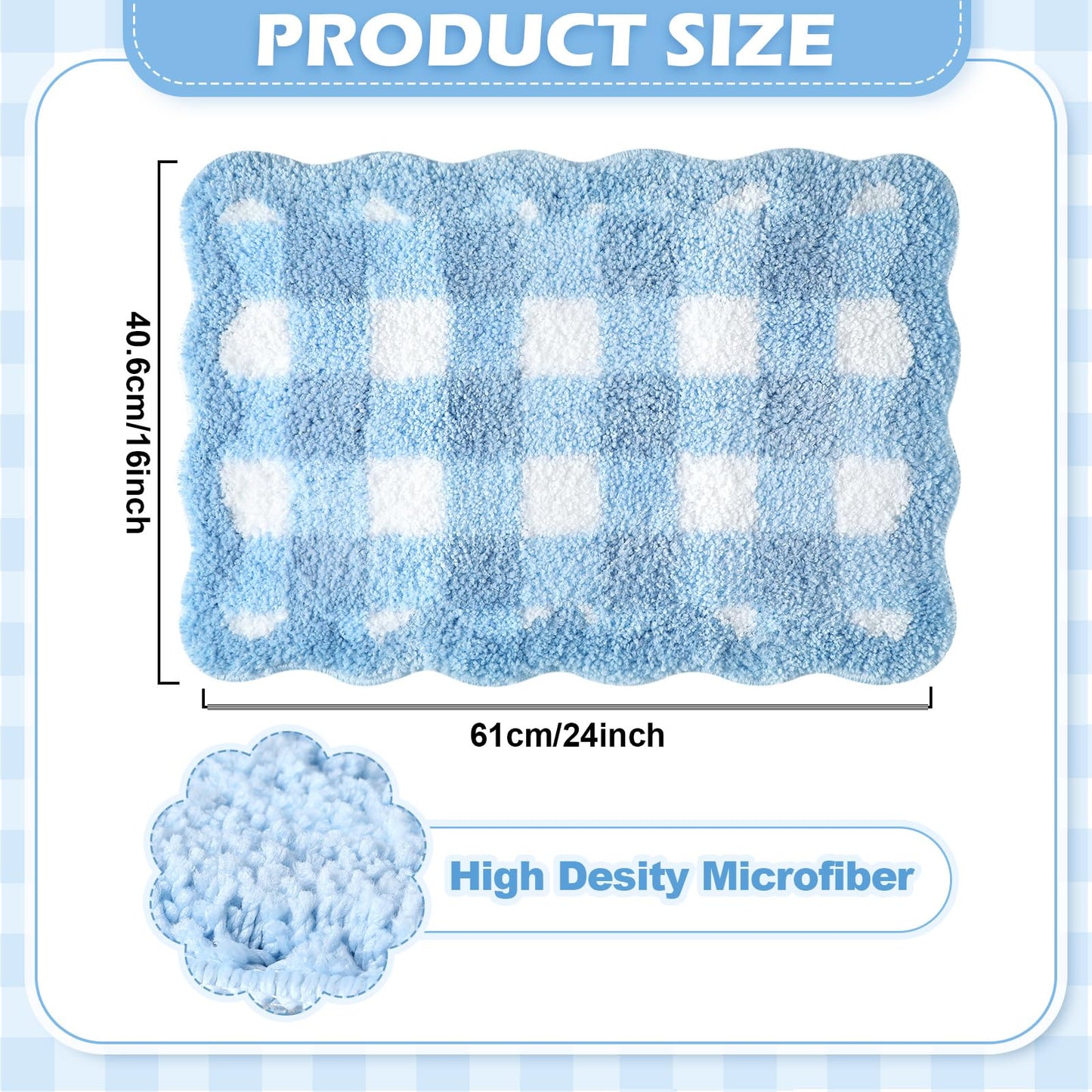 Dunzy Blue Scalloped Gingham Bathroom Mat 16" x 24" Non Slip Coquette Checkered Cute Aesthetic Bath Rug Preppy Room Decor Microfiber Absorbent Carpet for Bathtub Shower Bedroom