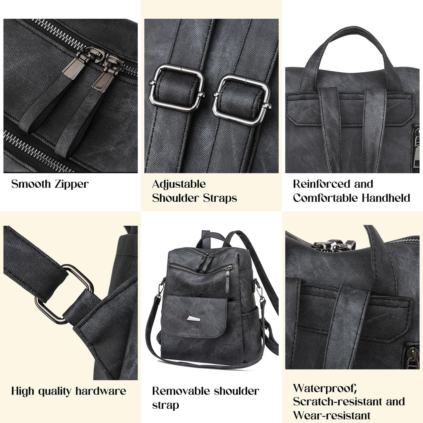 ROOSALANCE Backpack Purse for Women, Women Backpack Purse Small Leather Waterproof Anti-theft Shoulder Bags Handbags, Fashion Ladies Back pack for Daily Travel Work (Black Grey)