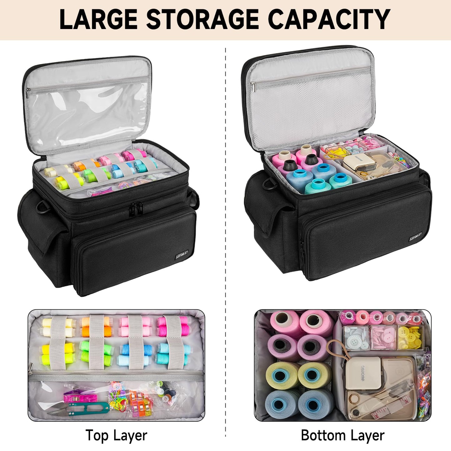 LEFOR·Z Large Sewing Supplies Organizer(13 x 8 x 9 in),Double-Layer Sewing Accessories Storage and Organizer Case Bag,Protable Travel Sewing Box Sewing Basket for Sewing Tools,Black(Bag Only)