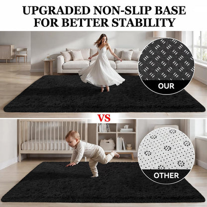 Area Rugs 9x12 Living Room Bedroom: Soft Fluffy Shag Rugs Upgrade Non-Slip High Pile Carpet Large Fuzzy Plush Indoor Floor Shaggy Carpets for Nursery Kid Playroom Office Dorms Home Decor Black