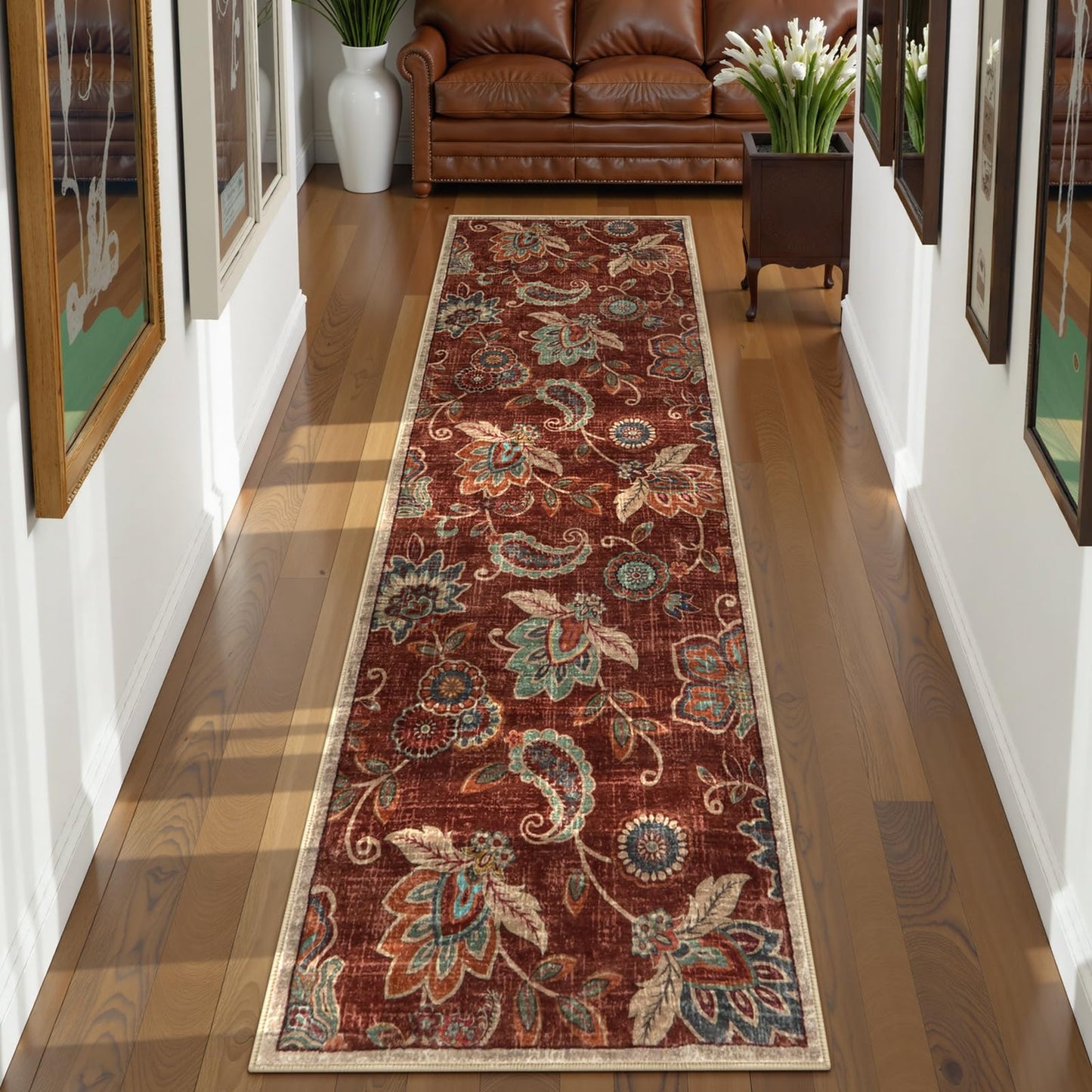 Morebes Floral 2x8 Runner Rug Non Slip,Washable Runner Rugs for Hallway 2x8, Non Skid Bath Mat Distressed Paisley Rug Indoor Floor Carpet Runner for Kitchen Entryway Laundry Foyer, Red