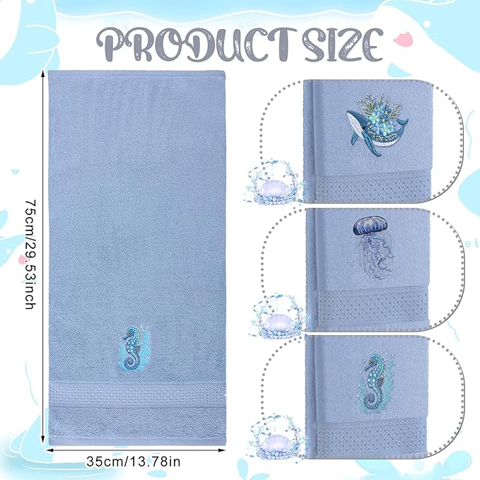 3 Pack Ocean Hand Towels for Bathroom 100% Cotton Embroidered Seahorse