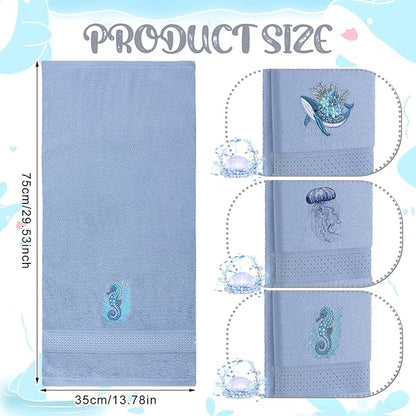 3 Pack Ocean Hand Towels for Bathroom 100% Cotton Embroidered Seahorse