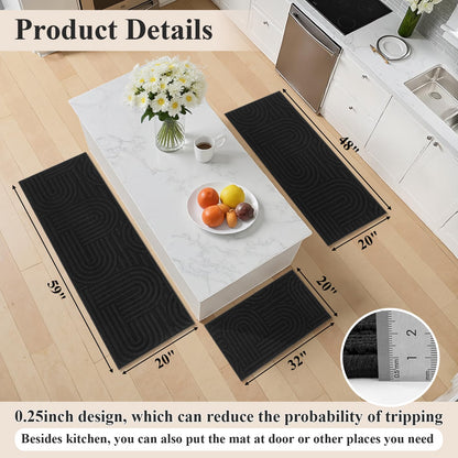 U'Artlines Kitchen Rugs and Mats Set of 3, Non Skid Washable Black Geometric Kitchen Mats for Floor, Absorbent and Stain Resistant Floor Mat for Laundry, Sink Decor 20x32+20x48+20x59