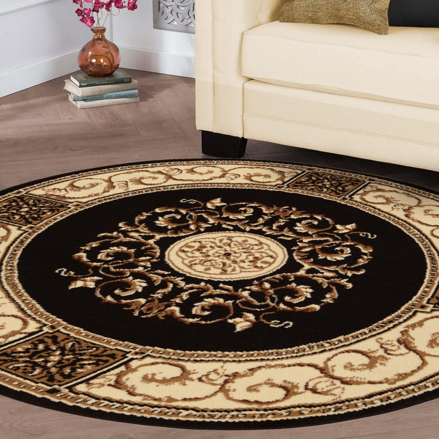 Superior Indoor Area Rug, Jute Backing, Plush Floral Rugs for Entryway, Living Room, Kitchen Floors, Bedroom, Office Floor Cover, Medallion Rugs, Elegant Medallion Collection, 5' Round, Coffee