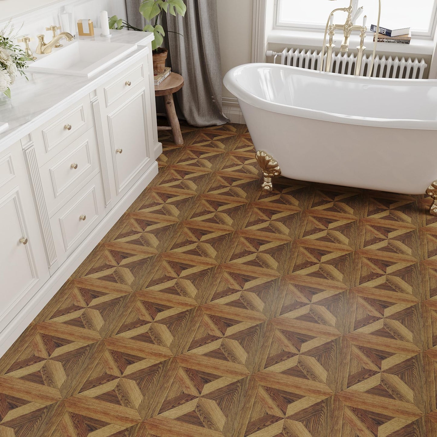 VEELIKE Peel and Stick Vinyl Flooring Roll Waterproof Self Adhesive Wood Grain Parquet Peel and Stick Floor Tile 12''x59'' Vinyl Sheet Linoleum Flooring Roll for Kitchen Bathroom Bedroom Living Room