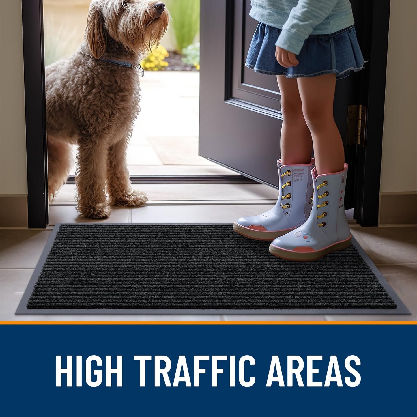 OLANLY Front Door Mat Indoor Outdoor Entrance, Waterproof Heavy Duty Doormat, Fade Resistant, Low Profile, Easy Clean Patio Porch Welcome Floor Mats for Entry, 59x34, Black