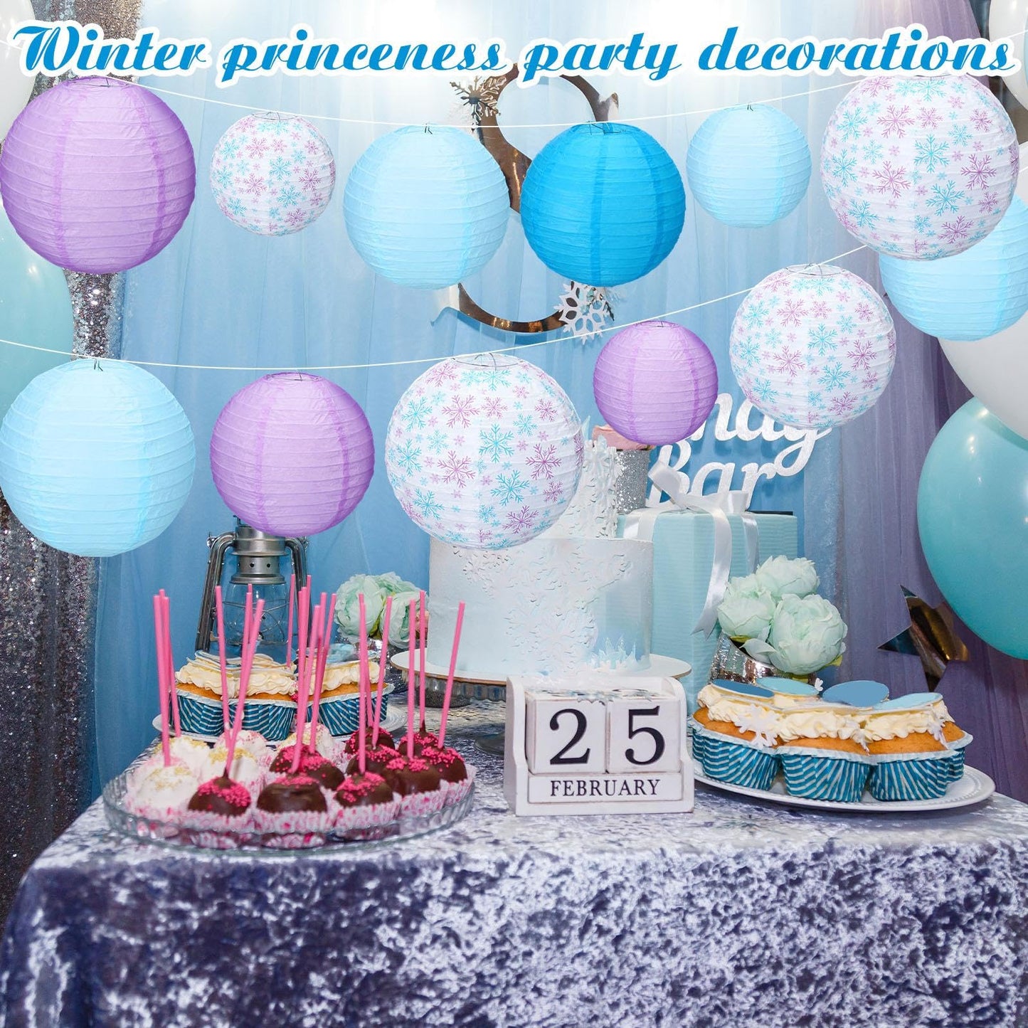 MotiMind 12 Pcs Snowflake Hanging Paper Lanterns Snowflake Princess Party Decors White Blue Purple Round Lantern for Snow Wonderland Birthday Party Supplies Baby Shower Home Winter Decor