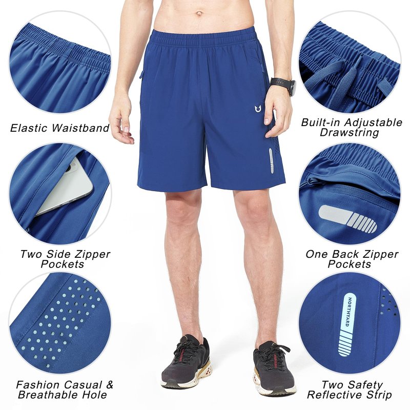 NORTHYARD Men's Athletic Running Shorts Gym Workout 7"/9"/5" Quick Dry Lightweight Sports Basketball Tennis 3 Zipper Pockets RoyalBlue S