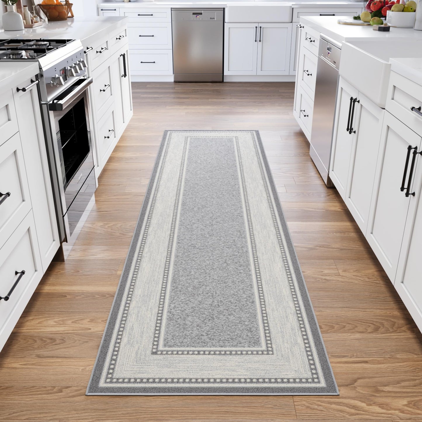 Ottomanson Hallway Runner Rug 2'7" x 9'6" – Non Slip Rubber Backed Carpet Runner for Hallways, Entryway, Living Room, Long Low Pile Indoor Floor Runner Rug, Border Light Gray