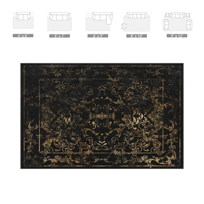 Dark Baroque Gold & Black Area Rug 8x10 - Intricate Filigree Carpet with Symmetrical Scrolls & Ornate Borders, Luxurious Machine Washable Non-Slip Rug for Living Room, Bedroom.