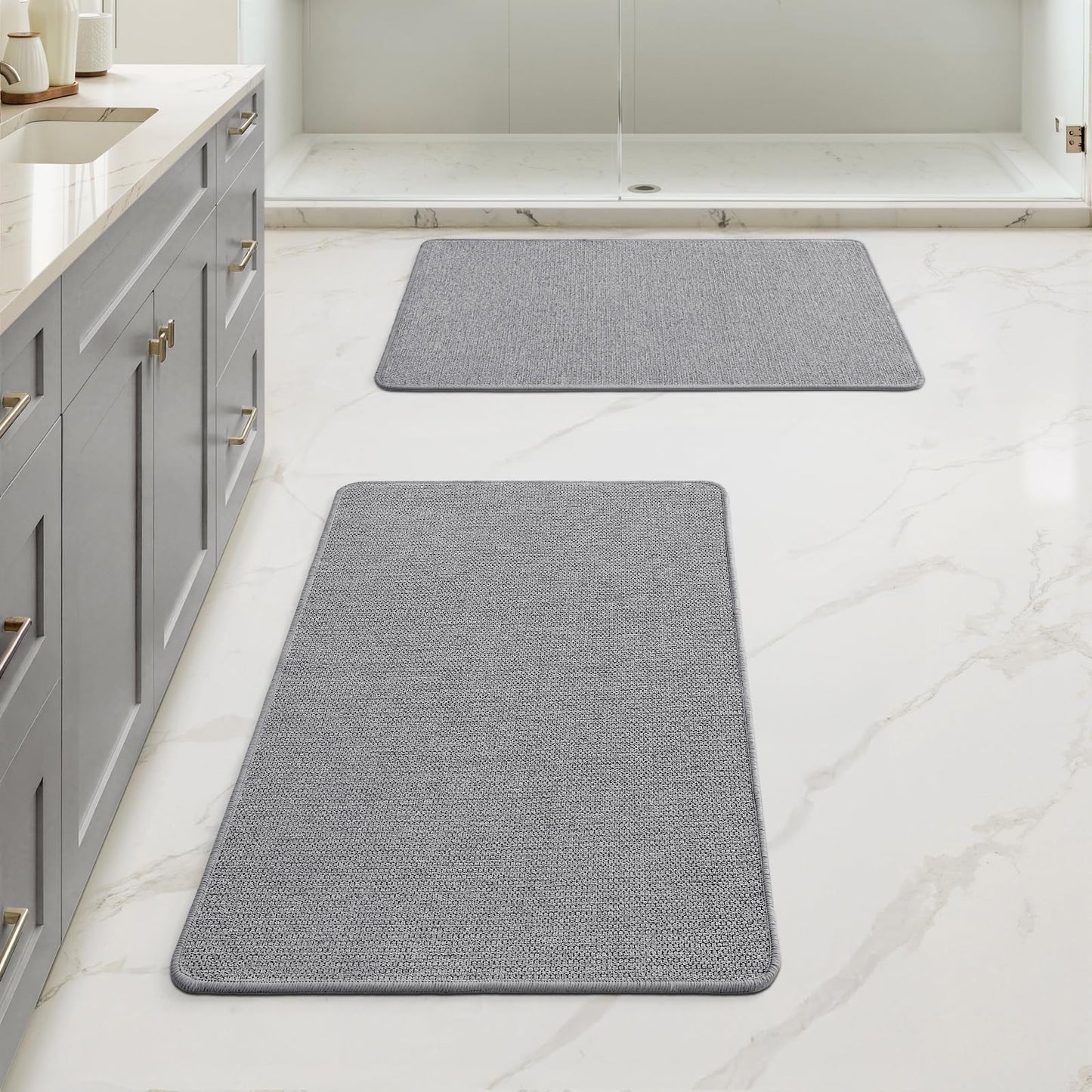 MIULEE Set of 2 Ultra Thin Bathroom Rugs, Rubber Bath Mats for Bathroom Non Slip, Quick Dry Absorbent Bath Rug Machine Washable, Fit Under Door, Shower, Sink, Home Decor, Grey, 17x27 Inch