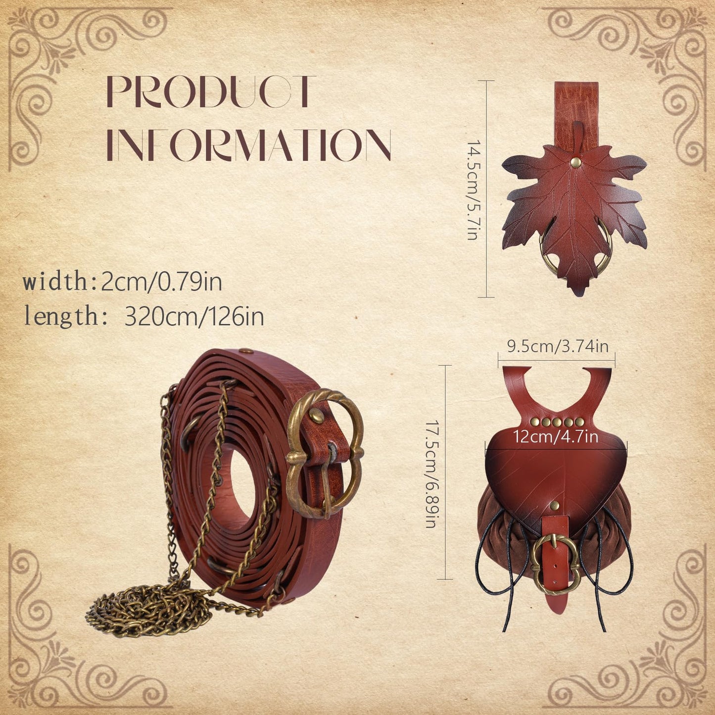 Minhuida 3PCS Medieva Adjustable Faux Leather Metal Chain Belt Set DIY, With leaf purse and skirt hike Clips, For Ren Faire & cosplay (Brown -A)
