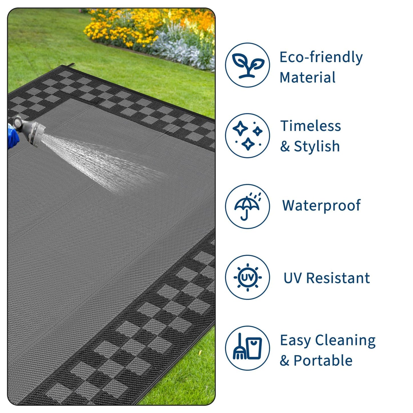Garvee Outdoor Waterproof Rug 9x18 Large Modern Neutral Outdoor Patio Rugs, Reversible Fade-Proof & Weather Resistant Large Area Rug Mats for Rv Deck Porch Picnic Beach Balcony,Gray & Black