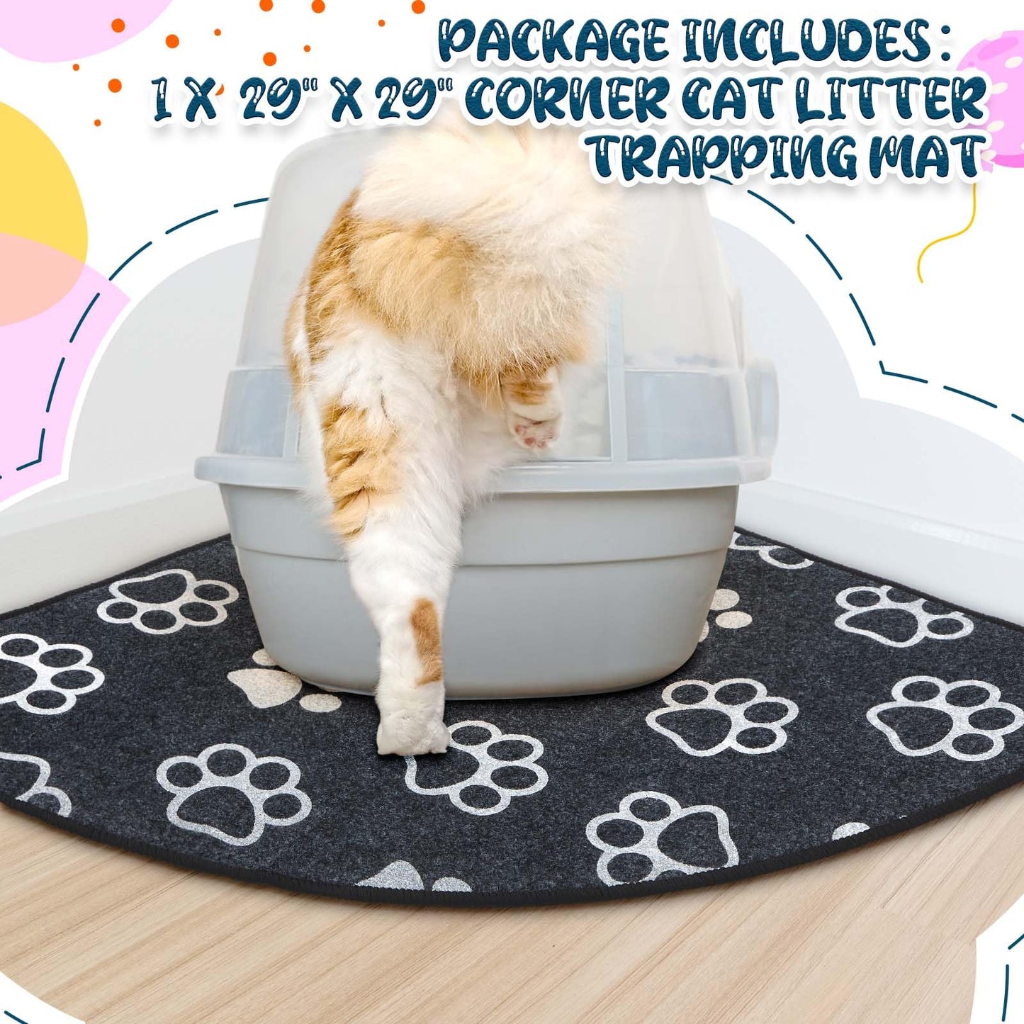 Drydiet Corner Cat Litter Mat for Small Boxes, 29" x 29" Fan-shaped Kitty Litter Trapping Mat Cute Paw Pattern with Waterproof Non-slip Backing, Machine Washable, Urine Proof