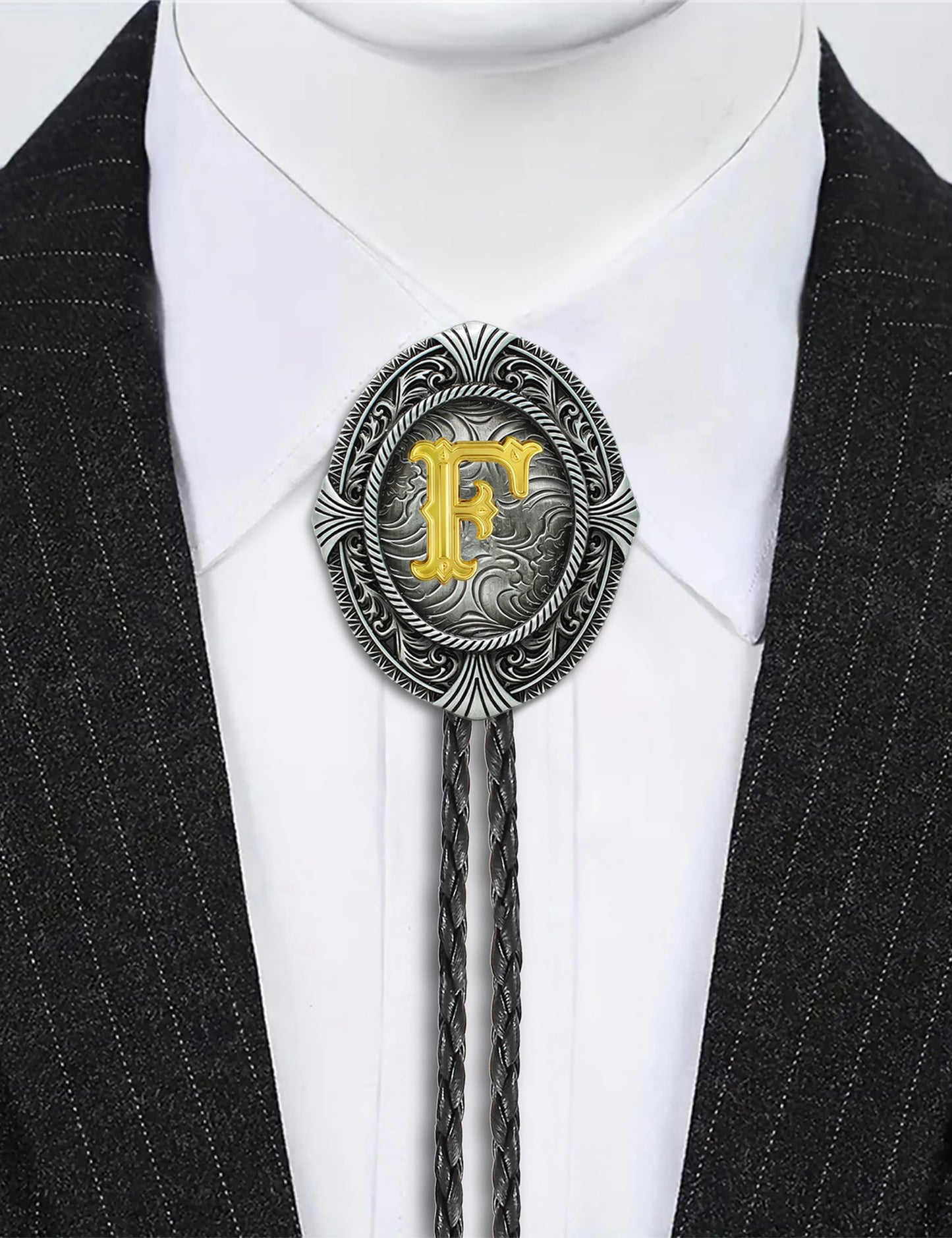 HUABOLA CALYN Vintage Bolo tie for Men Western Cowboy Native American Initial Letter ABCDJMR to Z Costume Bolo ties for Women (F)