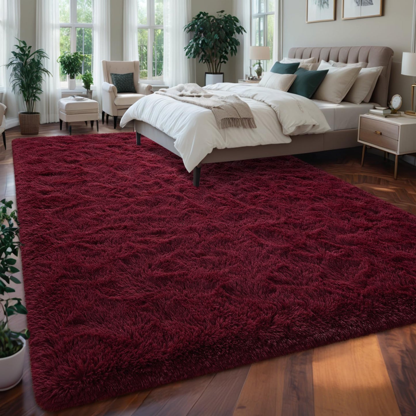 Nuttumico Fluffy Burgundy Red Rug Carpet for Bedroom Living Room, 4x6 Feet High Pile Area Rugs for Boys Kids Girls Decor, Soft Shaggy Plush Cute Floor Rug for Nursery Dorm, Non-Slip