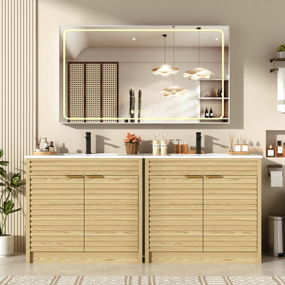 Squireewo 36 Inch Bathroom Vanity with Sink, Mid-Century Modern Bathroom Vanity with Storage Cabinet, Freestanding Bathroom Cabinet with Door Shelves and Faucet, Light Oak